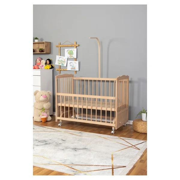 Bamgidoo Ahşap Beşik Anne Yanı Beşik Organik 60x120 - Sarı Mavi Örgü Uyku Seti Seti + Yatak + Tekerlekli - Naturel - Krem - Görsel 5