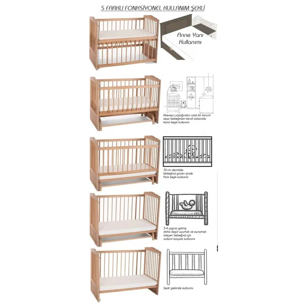 Bamgidoo Ahşap Beşik Anne Yanı Beşik Organik (Boyasız) 60x120 - Pembe Prenses Uyku Seti Yatak Tekerlekli - Kahve - Kahverengi - Görsel 5
