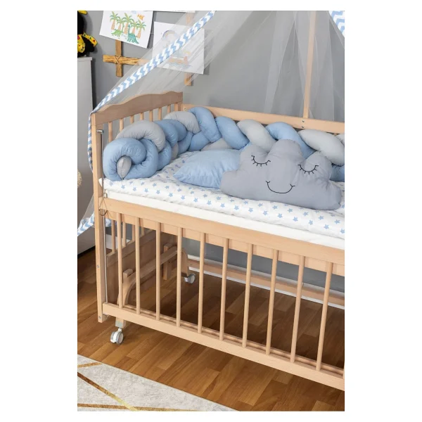 Bamgidoo Ahşap Beşik Anne Yanı Beşik Organik 60x120 - Mavi Gri Örgü Uyku Seti Seti + Yatak + Tekerlekli - Moon Grey - Görsel 6
