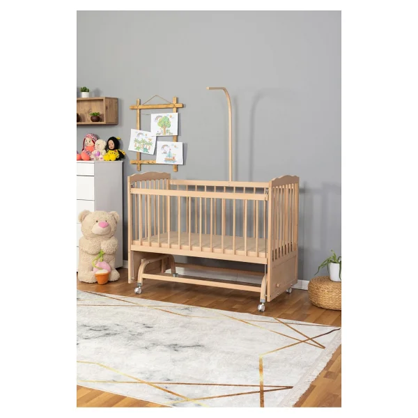 Bamgidoo Ahşap Beşik Anne Yanı Beşik Organik 60x120 - Mavi Gri Örgü Uyku Seti Seti + Yatak + Tekerlekli - Moon Grey - Görsel 3