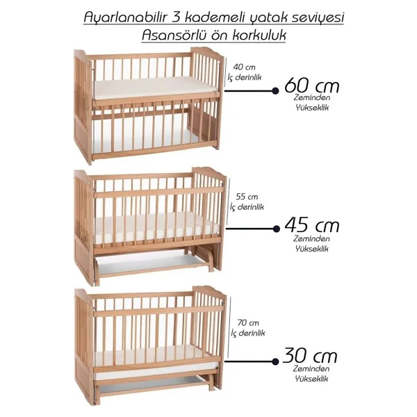 Bamgidoo Doğal Ahşap Anne Yanı Beşik Yeni Doğan Bebek Beşiği (Boyasız) 60x120 Uyku Seti Yatak Tekerlekli - Görsel 4