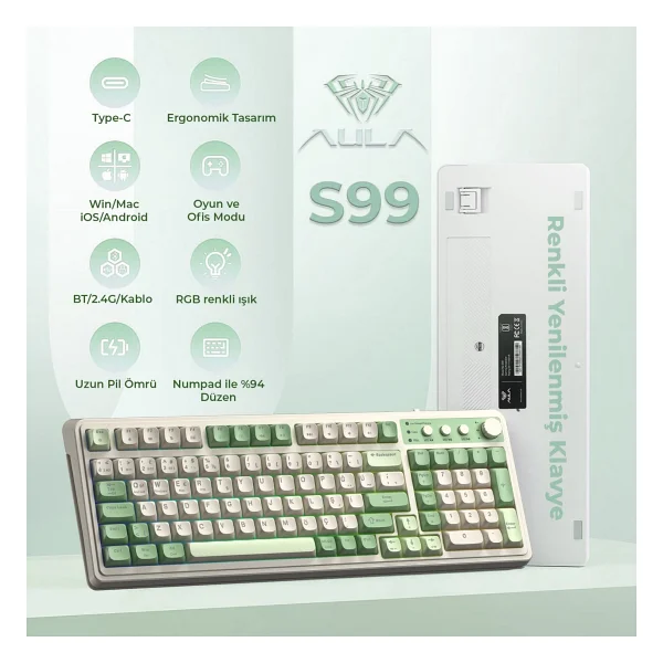 Aula S99 Retro Yeşil RGB %96 Kablolu/Kablosuz Oyuncu Klavyesi - Görsel 2