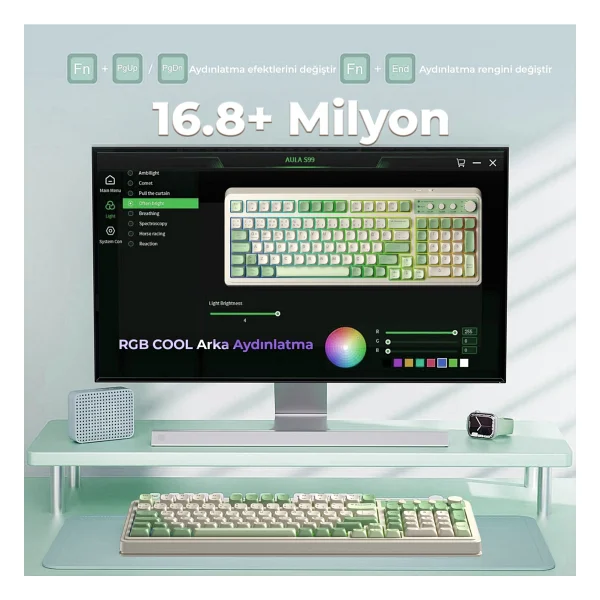 Aula S99 Retro Yeşil RGB %96 Kablolu/Kablosuz Oyuncu Klavyesi - Görsel 4