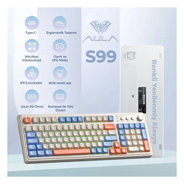 Aula S99 Retro Turuncu RGB %96 Kablolu/Kablosuz Oyuncu Klavyesi - Görsel 2