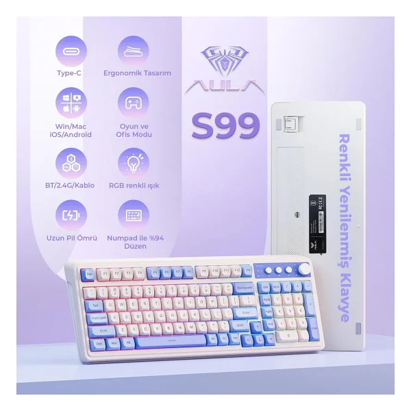 Aula S99 Retro Mavi RGB %96 Kablolu/Kablosuz Oyuncu Klavyesi - Görsel 2