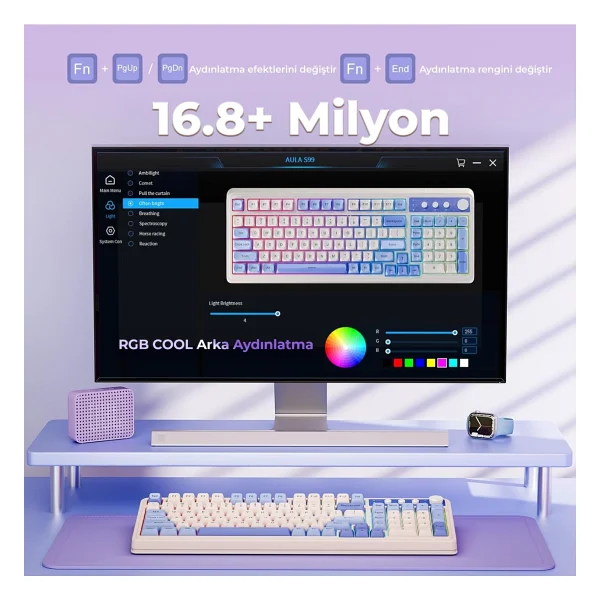 Aula S99 Retro Mavi RGB %96 Kablolu/Kablosuz Oyuncu Klavyesi - Görsel 4