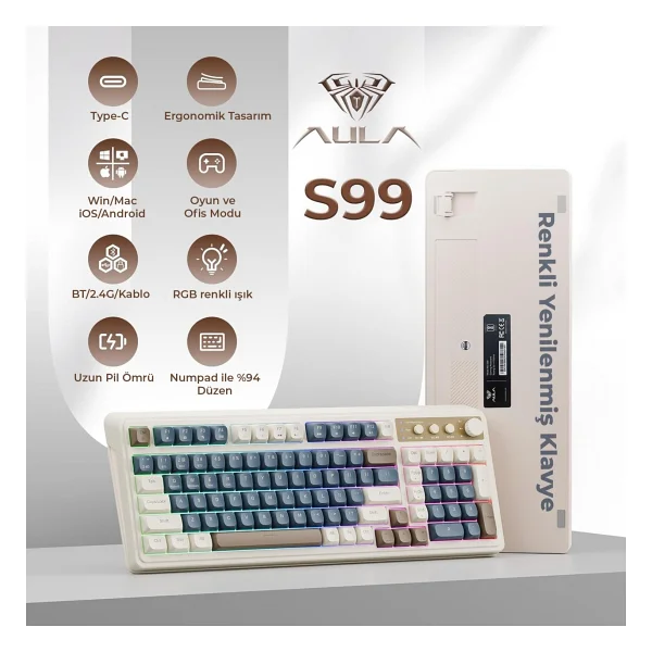 Aula S99 Retro RGB Gaming 3 Modlu Bluetooth/2.4ghz/USB-C Kablosuz Makrolu Türkçe Q Klavye Lacivert - Görsel 2