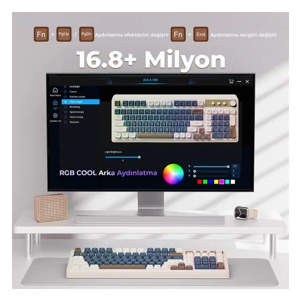 Aula S99 Retro RGB Gaming 3 Modlu Bluetooth/2.4ghz/USB-C Kablosuz Makrolu Türkçe Q Klavye Lacivert - Görsel 4