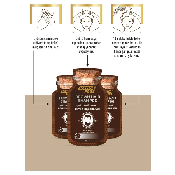 Softto Plus Brown Hair Anında Etkili Beyaz Kapatıcı Koyu Kahverengi Şampuan Boya 25 ml x 10 Adet - Görsel 4