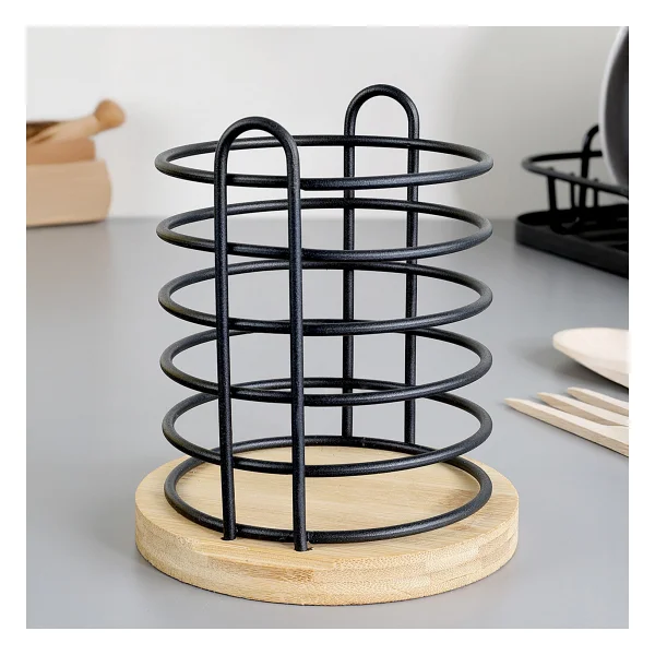 Bambu Tabanlı Metal Kaşıklık - Tezgah Üstü Dik Kaşıklık Mutfak Düzenleyici Dekoratif Organizer Bej - Görsel 6