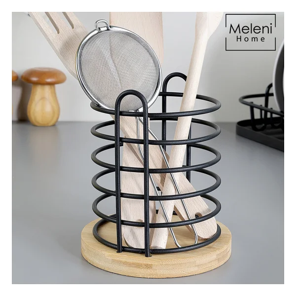 Bambu Tabanlı Metal Kaşıklık - Tezgah Üstü Dik Kaşıklık Mutfak Düzenleyici Dekoratif Organizer Bej - Görsel 2