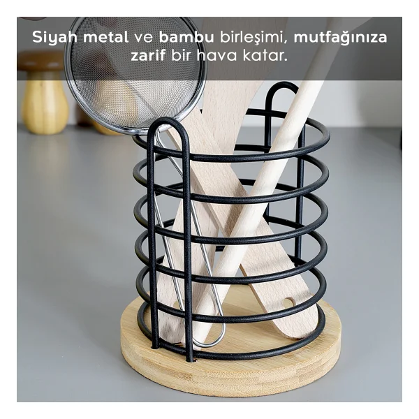 Bambu Tabanlı Metal Kaşıklık - Tezgah Üstü Dik Kaşıklık Mutfak Düzenleyici Dekoratif Organizer Bej - Görsel 3