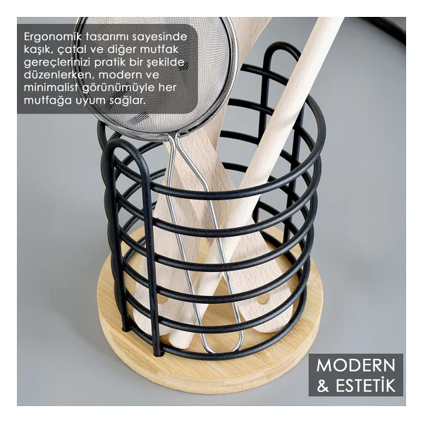 Bambu Tabanlı Metal Kaşıklık - Tezgah Üstü Dik Kaşıklık Mutfak Düzenleyici Dekoratif Organizer Bej - Görsel 4
