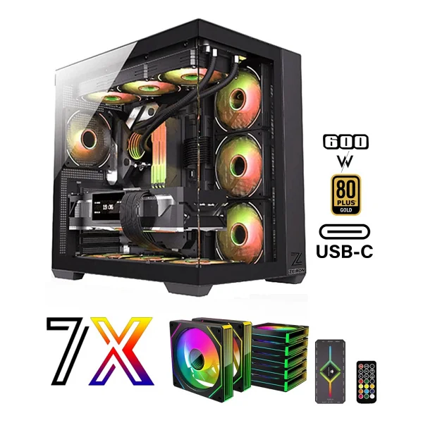 Zeiron Mirage X7 Tuş ve Kumanda Kontrolcülü 7x120 mm Gerçek ARGB Fanlı 600W 80Plus PSU Gaming Boş Akvaryum Bilgisayar Kasası - Görsel 9