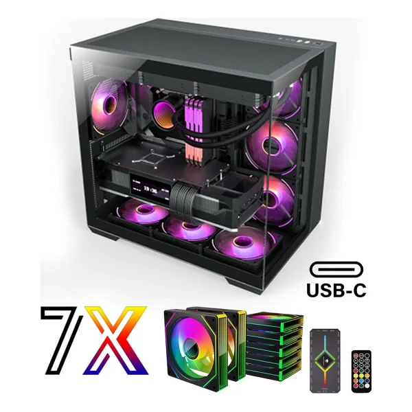 Zeiron Mirage X7 Tuş ve Kumanda Kontrolcülü 7x120 mm Gerçek ARGB Fanlı 600W 80Plus PSU Gaming Boş Akvaryum Bilgisayar Kasası - Görsel 3