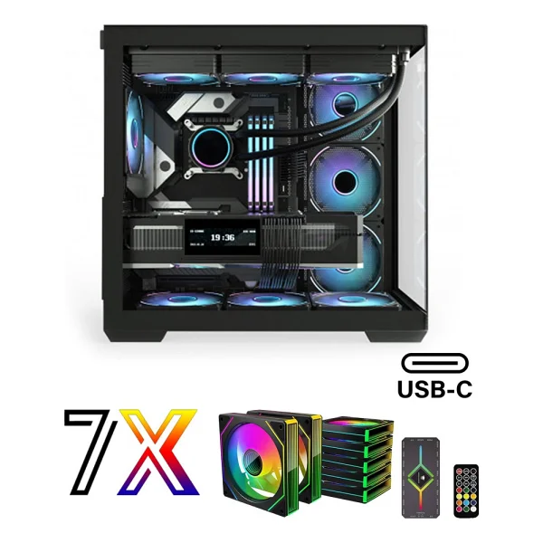 Zeiron Mirage X7 Tuş ve Kumanda Kontrolcülü 7x120 mm Gerçek ARGB Fanlı 600W 80Plus PSU Gaming Boş Akvaryum Bilgisayar Kasası - Görsel 4