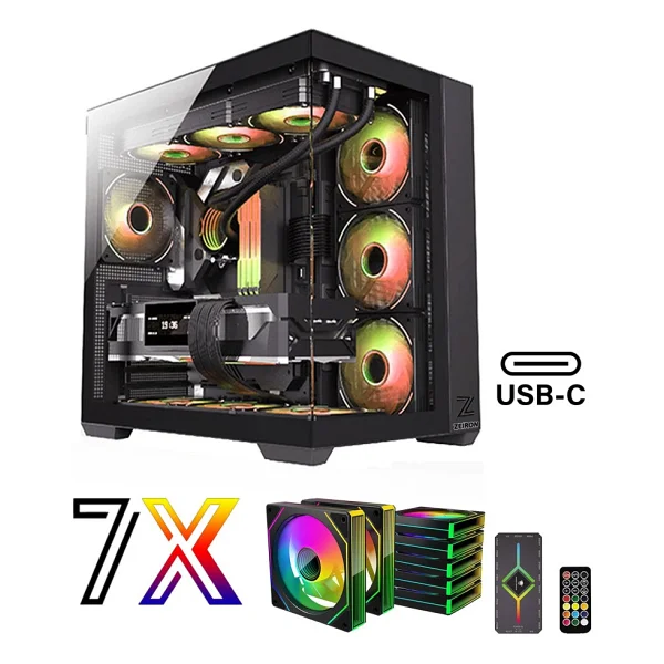 Zeiron Mirage Tuş ve Kumanda Kontrolcülü 7x120 mm Gerçek ARGB Fanlı (Psu Yok) Gaming Boş Akvaryum Bilgisayar Kasası - Görsel 9