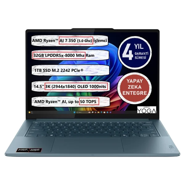 Lenovo Yoga Pro 7 14akp10 83kg000gtr Ryzen AI 7 350 32 GB 1 TB SSD Radeon 860m 14.5" Notebook - Görsel 8