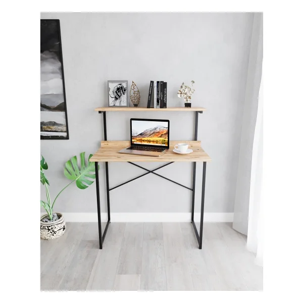 Çalışma Masası Kitaplıklı Laptop Bilgisayar Masası Raflı Ofis Masası Modern Metal Ayaklı Kompakt Masa Öğrenci Masaüstü Çalışma Alanı - Standart - Beyaz - Görsel 5