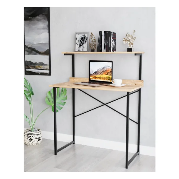 Çalışma Masası Kitaplıklı Laptop Bilgisayar Masası Raflı Ofis Masası Modern Metal Ayaklı Kompakt Masa Öğrenci Masaüstü Çalışma Alanı - Standart - Beyaz - Görsel 6