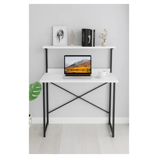 Çalışma Masası Kitaplıklı Laptop Bilgisayar Masası Raflı Ofis Masası Modern Metal Ayaklı Kompakt Masa Öğrenci Masaüstü Çalışma Alanı - Standart - Beyaz - Görsel 4