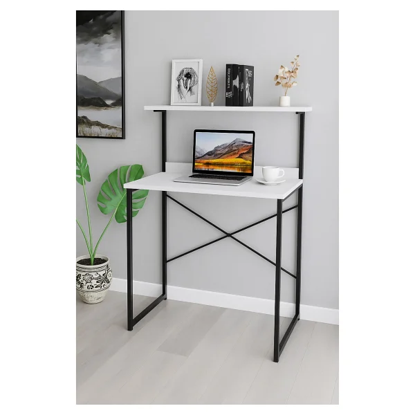 Çalışma Masası Kitaplıklı Laptop Bilgisayar Masası Raflı Ofis Masası Modern Metal Ayaklı Kompakt Masa Öğrenci Masaüstü Çalışma Alanı - Standart - Beyaz - Görsel 2