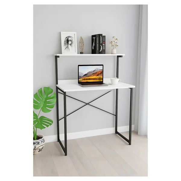 Çalışma Masası Kitaplıklı Laptop Bilgisayar Masası Raflı Ofis Masası Modern Metal Ayaklı Kompakt Masa Öğrenci Masaüstü Çalışma Alanı - Standart - Beyaz - Görsel 3
