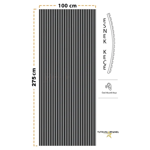 Mdf Ahşap Akustik Duvar Paneli 100 x 280 cm ( Antrasit )