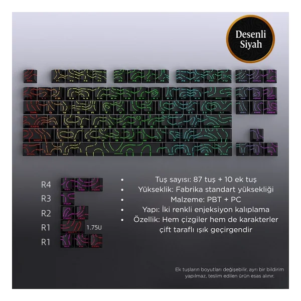 Leaven Mekanik Klavye Kontur Keycaps Seti- 97 Tuş Şeffaf RGB Uyumlu Çizgili Tuş Takımıı - Beyaz - Siyah - Görsel 7