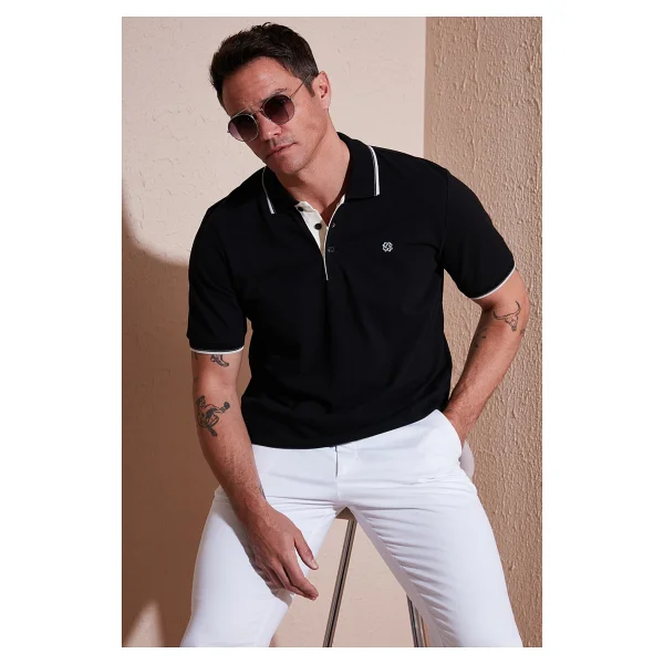 Buratti % 100 Pamuk Düğmeli Regular Fit Polo Yaka T Shirt Erkek POLO YAKA T SHİRT 5902118 - Siyah - Beyaz