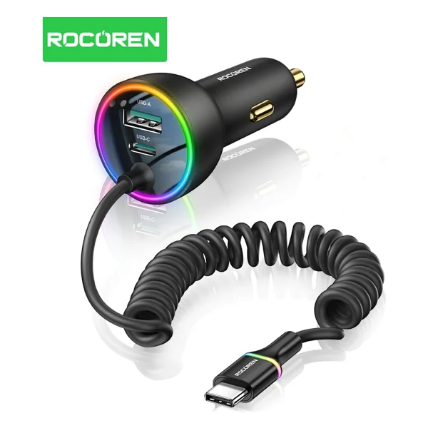 Rocoren 70w 3 Portlu 2xtype-C 1xusb-A Spiral Kablolu LED Işıklı Araç Içi Hızlı Şarj Cihazı - Siyah - Görsel 5