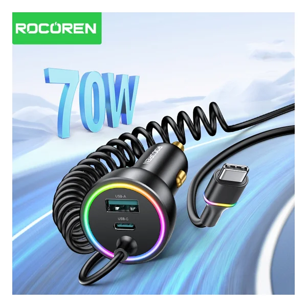 Rocoren 70w 3 Portlu 2xtype-C 1xusb-A Spiral Kablolu LED Işıklı Araç Içi Hızlı Şarj Cihazı - Siyah - Görsel 2
