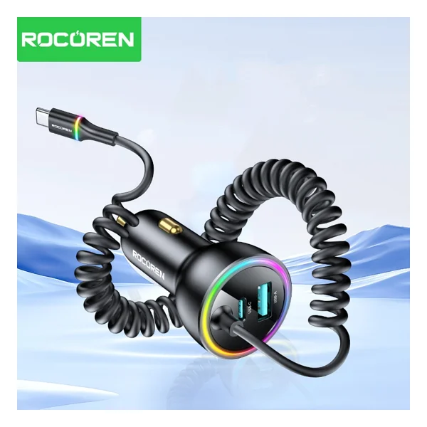Rocoren 70w 3 Portlu 2xtype-C 1xusb-A Spiral Kablolu LED Işıklı Araç Içi Hızlı Şarj Cihazı - Siyah - Görsel 3