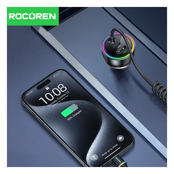 Rocoren 70w 3 Portlu 2xtype-C 1xusb-A Spiral Kablolu LED Işıklı Araç Içi Hızlı Şarj Cihazı - Siyah - Görsel 4