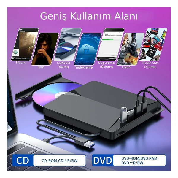 Valkyrie Harici CD DVD Rom Yazıcı Okuyucu USB 3.0 Hub Çoğaltıcı Tf Sd Kart Okuyucu 7in1 - Siyah - Görsel 2