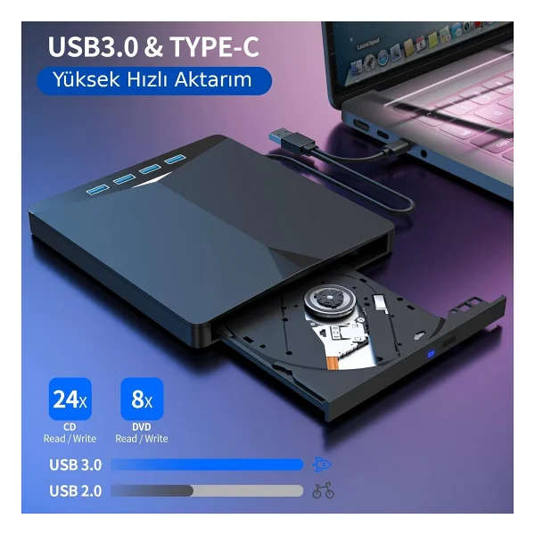 Valkyrie Harici CD DVD Rom Yazıcı Okuyucu USB 3.0 Hub Çoğaltıcı Tf Sd Kart Okuyucu 7in1 - Siyah - Görsel 5