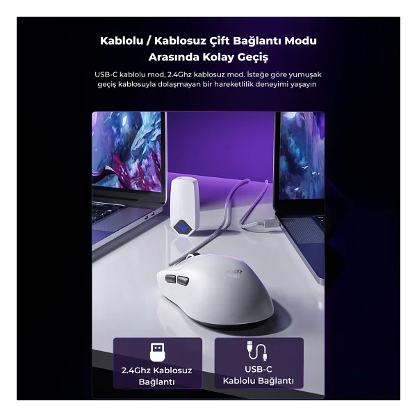 Aula Sc800 Lightweight Beyaz Optik Kablolu/Kablosuz Oyuncu Mouse - Görsel 4