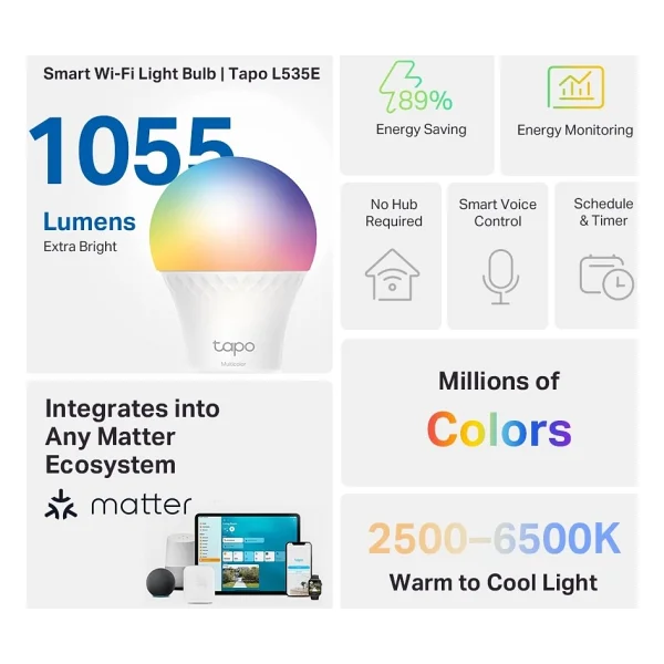 Tp-Link Tapo L535e 8.6 W-75 W E27 RGB Akıllı LED Ampul - Görsel 3