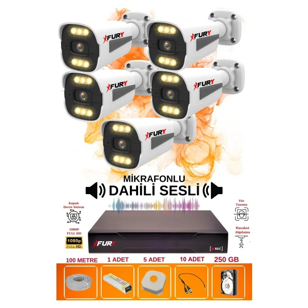 Fury 5 Li Sesli 6 Warm LED Gece Renkli Görüş Su Geçirmez Güvenlik Kamerası Seti 250gb - Görsel 6