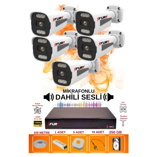 Fury 5 Li Sesli 6 Warm LED Gece Renkli Görüş Su Geçirmez Güvenlik Kamerası Seti 250gb - Görsel 2