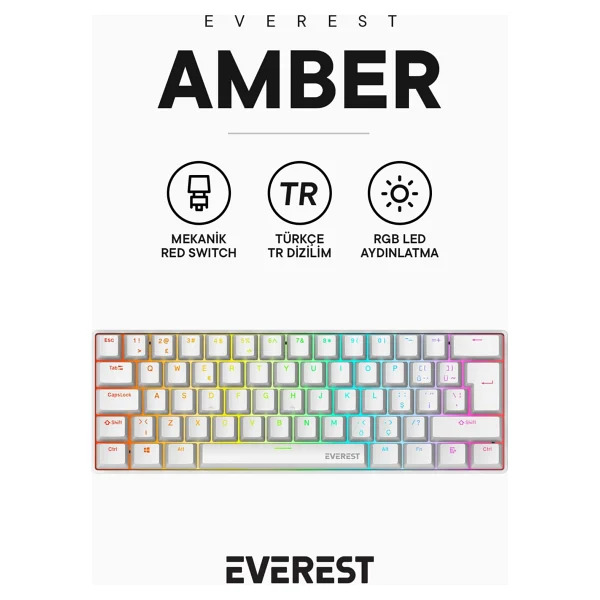Everest Amber RGB TKL Siyah Red Switch Kablolu Mekanik Oyuncu Klavyesi - Görsel 9