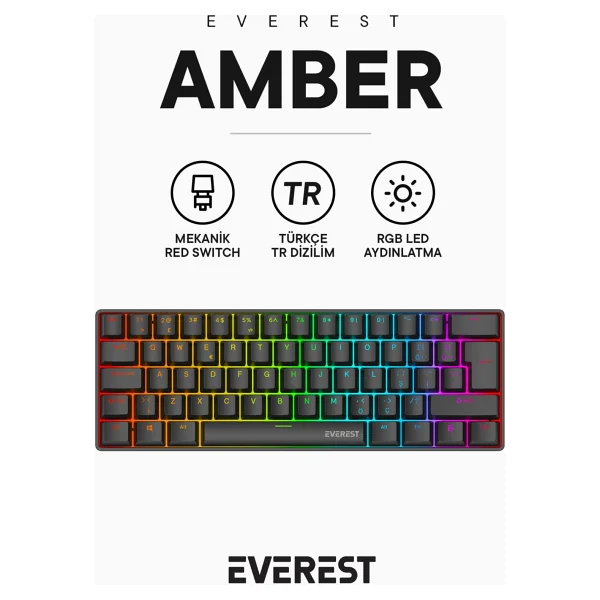 Everest Amber RGB TKL Siyah Red Switch Kablolu Mekanik Oyuncu Klavyesi - Görsel 8
