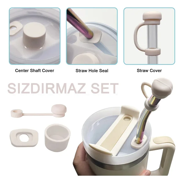 Stanley Pipetli Termos Quencher Uyumlu 3 Parça Sızdırmaz Koruyucu Aksesuar Silikon Set - Şeffaf - Görsel 9