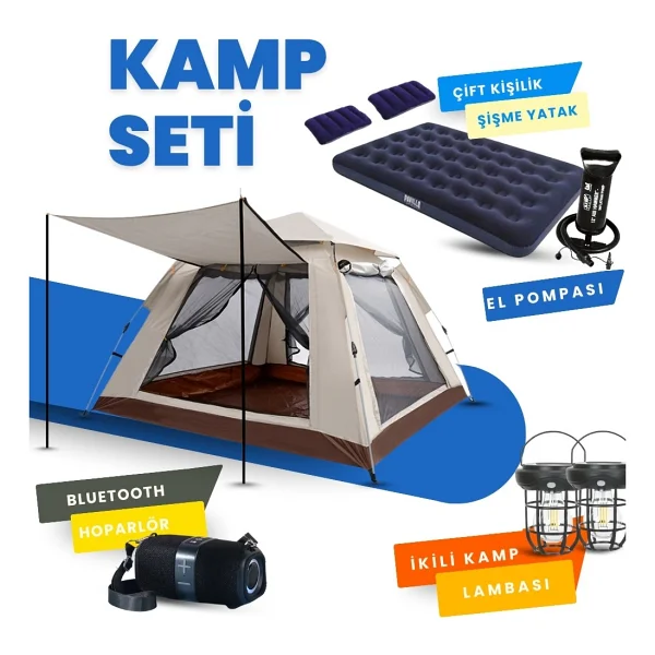 Yussraw 4-6 Kişi Kamp Çadırı Seti Taşınabilir Otomatik 240x240x158+Lamba+Yatak+Yastık+Pompa+Hoparlör - Görsel 9