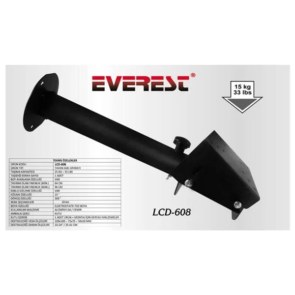 Everest Lcd-608 10-24 İnç Tavan Hareketli TV Askı Aparatı - Görsel 2