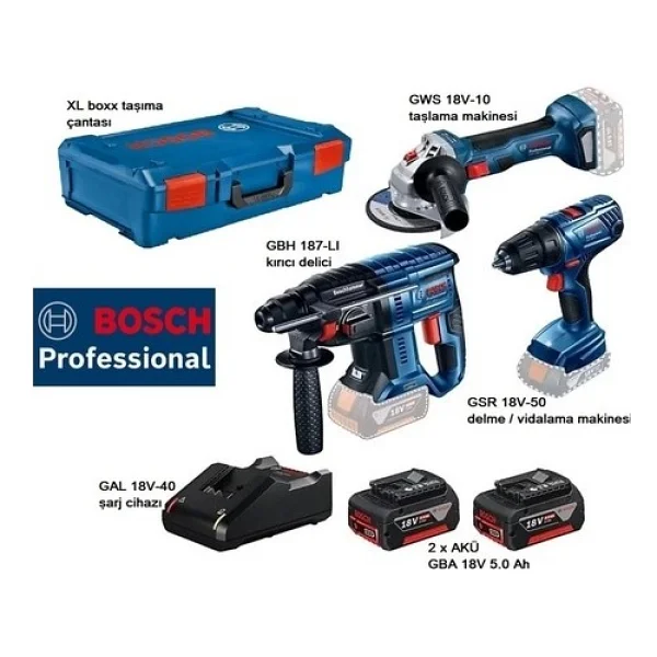 Bosch Gbh 187 Li + Gws 18v-10 + Gsr 18v-50 Elektrikli El Aletleri Seti - Görsel 3