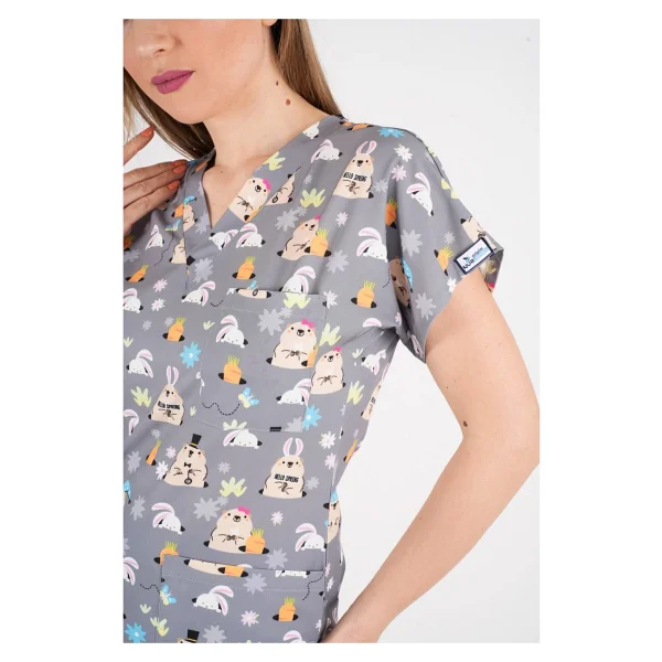 Unisex Snack Time Desenli Doktor Hemşire Cerrahi Scrubs Üniforma Takım - Siyah - Gri - 2xs - Görsel 3