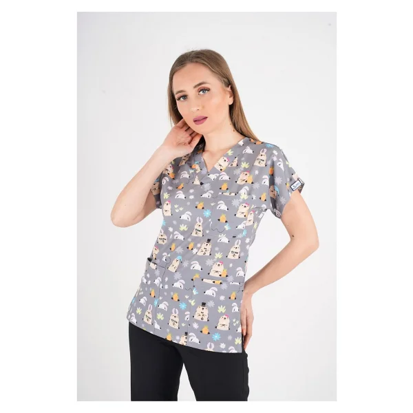 Unisex Snack Time Desenli Doktor Hemşire Cerrahi Scrubs Üniforma Takım - Siyah - Gri - 2xs - Görsel 4
