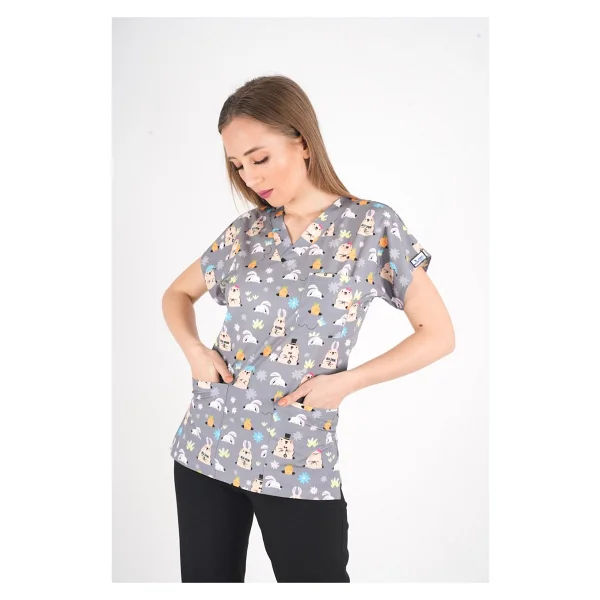 Unisex Snack Time Desenli Doktor Hemşire Cerrahi Scrubs Üniforma Takım - Siyah - Gri - 2xs - Görsel 7