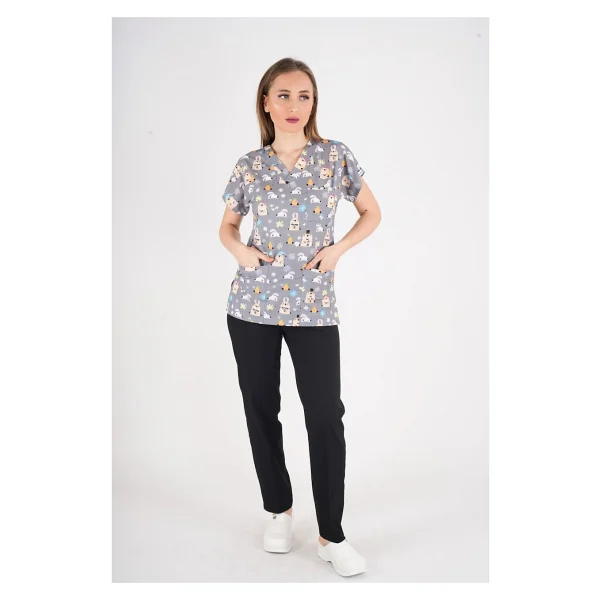 Unisex Snack Time Desenli Doktor Hemşire Cerrahi Scrubs Üniforma Takım - Siyah - Gri - 2xs - Görsel 10